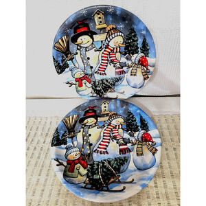Set FLAWLESS Vtg Snowman Family Christmas Tree Sled Birdhouse 10¾" Display Plate